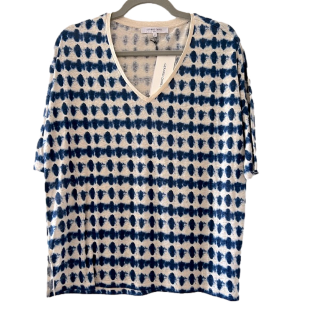 NEW Gerard Darel Appoline Abstract Print Linen V-Neck T-Shirt, Size Small - Picture 3 of 11